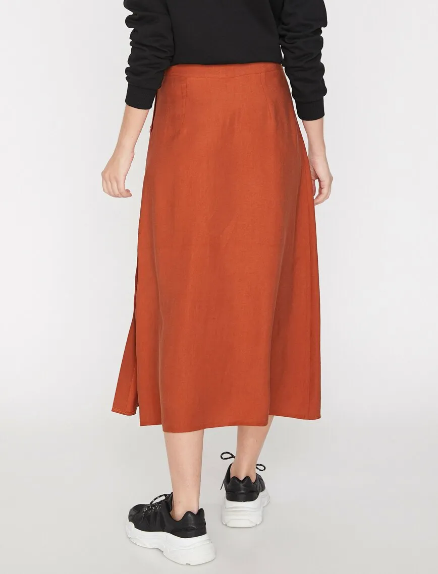 11894 Brown Button Detailed Midi Skirt