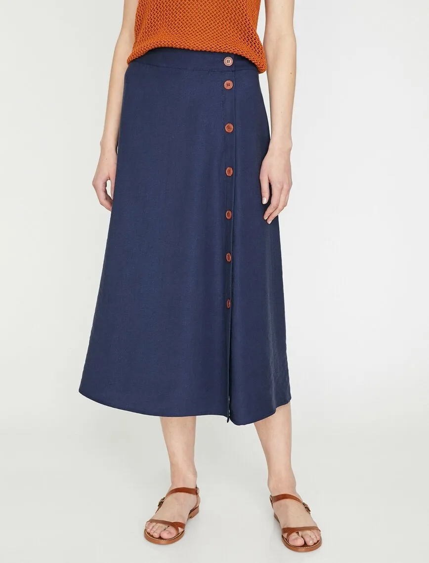 11927 Navy Button Detailed Midi Skirt