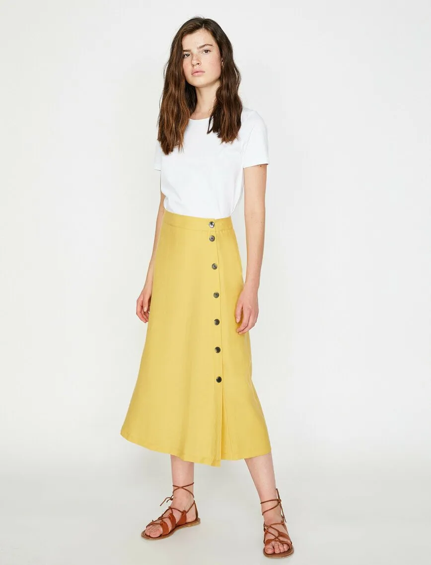 12199 Mustard Button Detailed Midi Skirt