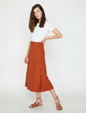 12256 Brown Button Detailed Midi Skirt