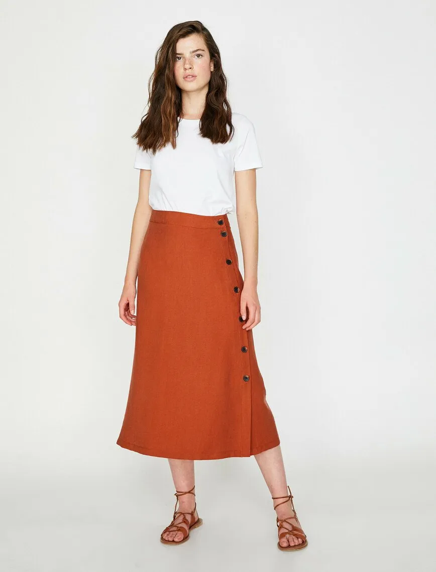 12256 Brown Button Detailed Midi Skirt