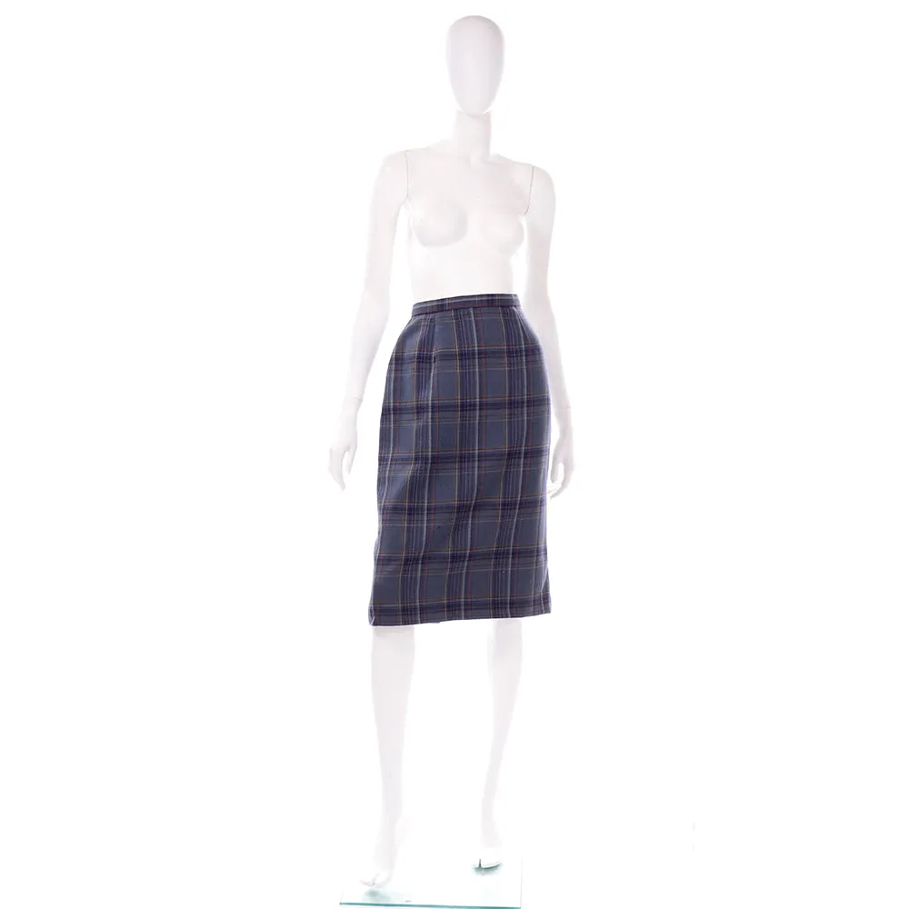 1960s Blue Grey Plaid Vintage Pencil Skirt