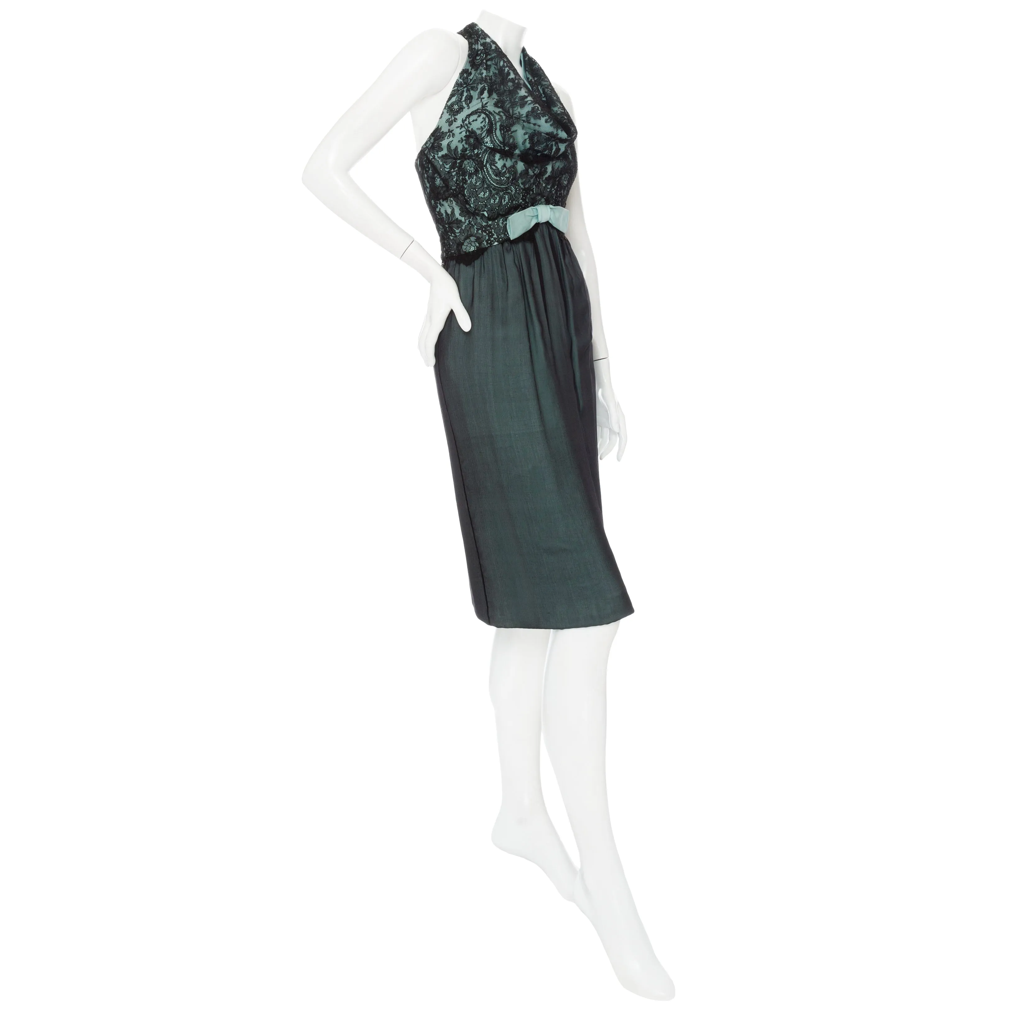 1960s Haute Couture Teal and Black Lace Chiffon Cowl Neck Dress