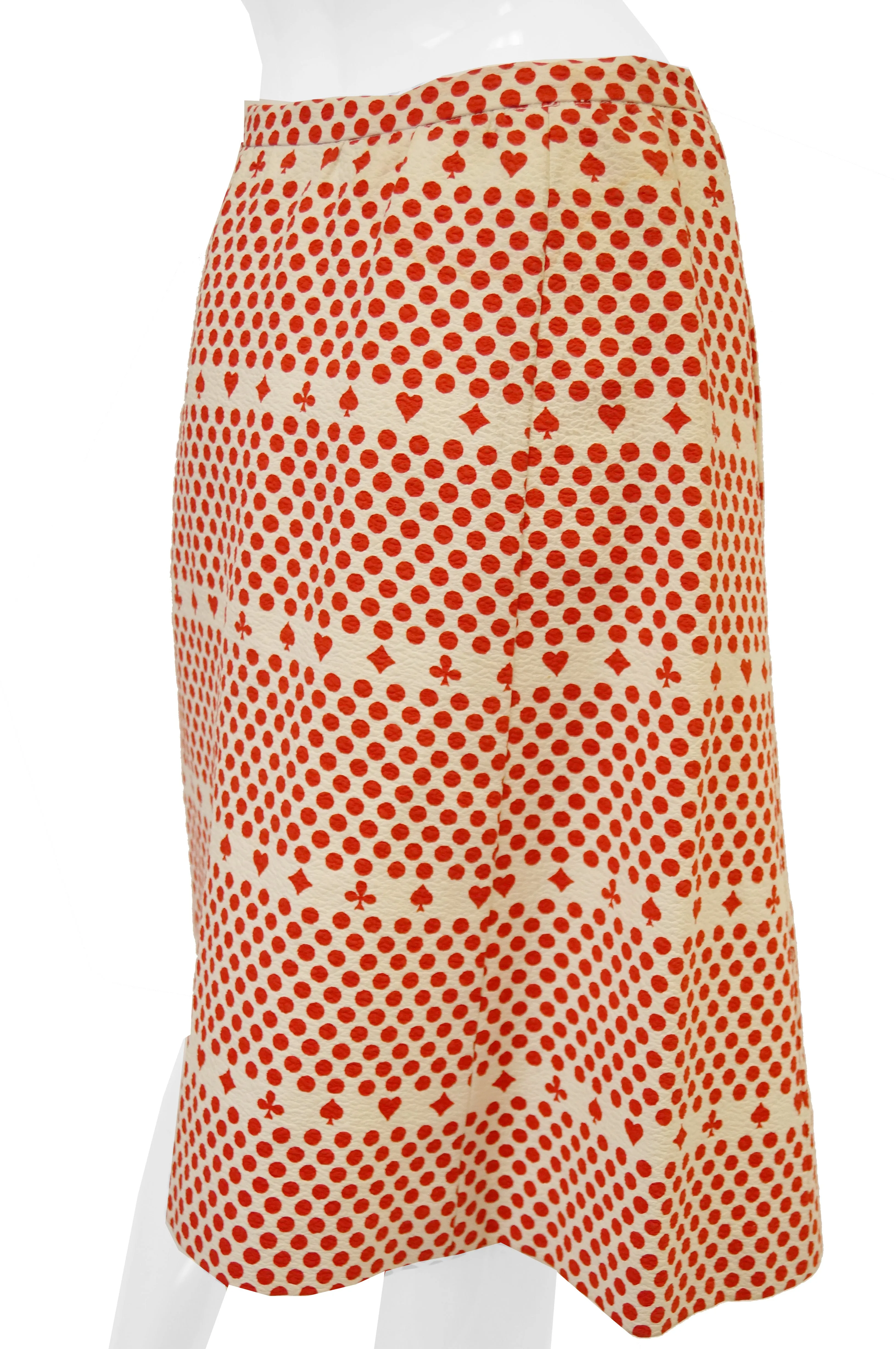 1970s Iconic Givenchy Red and White Suits of Cards Straight Button Front Skirt