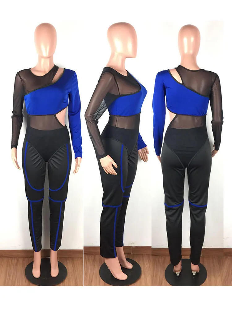 2 Piece Crop Tops Hollow Mesh Bodycon Jumpsuits Suits