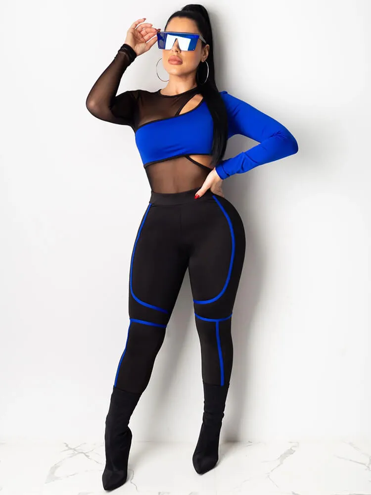 2 Piece Crop Tops Hollow Mesh Bodycon Jumpsuits Suits