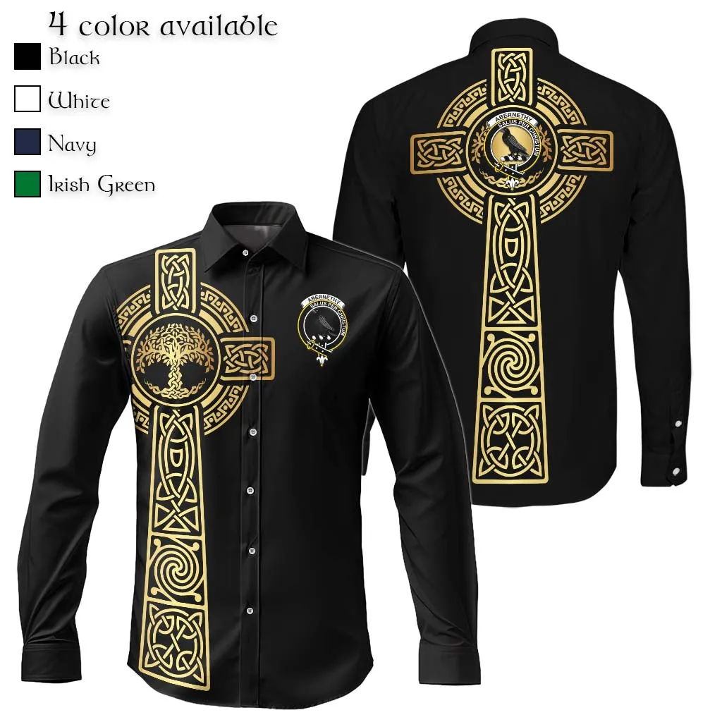 Abernethy Clan Mens Long Sleeve Button Up Shirt with Golden Celtic Tree Of Life