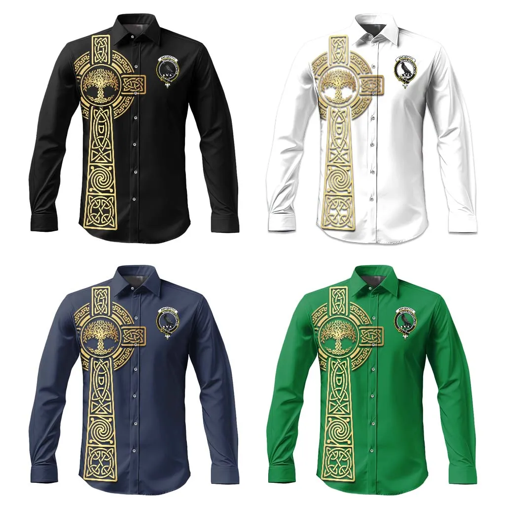 Abernethy Clan Mens Long Sleeve Button Up Shirt with Golden Celtic Tree Of Life