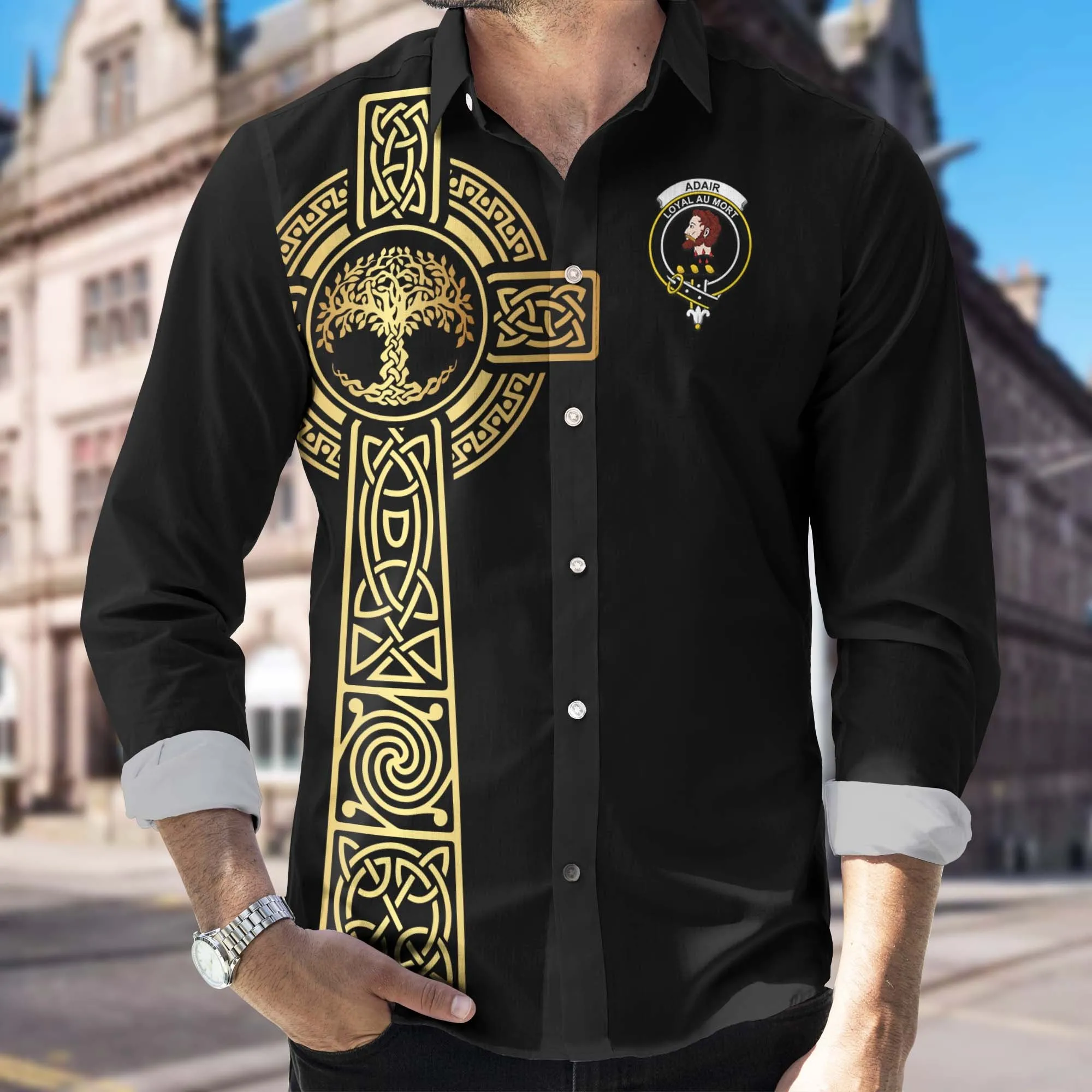 Adair Clan Mens Long Sleeve Button Up Shirt with Golden Celtic Tree Of Life