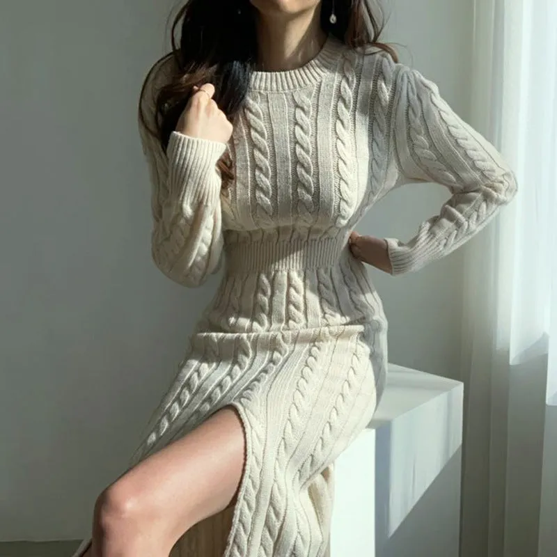 Aiertu long sweater dress outfit Chic Personality round Neck Hemp Pattern Front and Rear Wear Design Careful Machine Split Sweater Dress Women