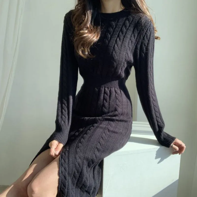 Aiertu long sweater dress outfit Chic Personality round Neck Hemp Pattern Front and Rear Wear Design Careful Machine Split Sweater Dress Women