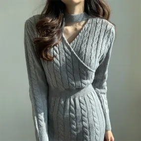 Aiertu long sweater dress outfit Chic Personality round Neck Hemp Pattern Front and Rear Wear Design Careful Machine Split Sweater Dress Women