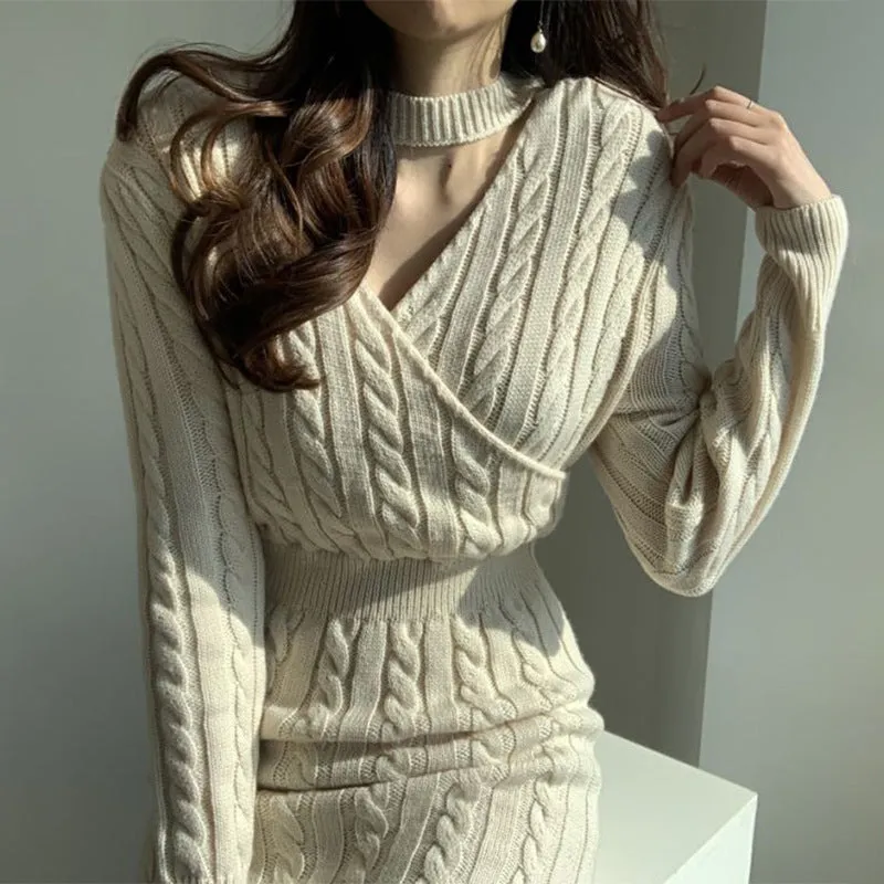 Aiertu long sweater dress outfit Chic Personality round Neck Hemp Pattern Front and Rear Wear Design Careful Machine Split Sweater Dress Women