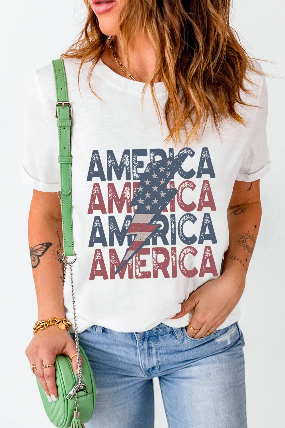 AMERICA Flag Lightning Print White Tee