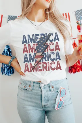 AMERICA Flag Lightning Print White Tee