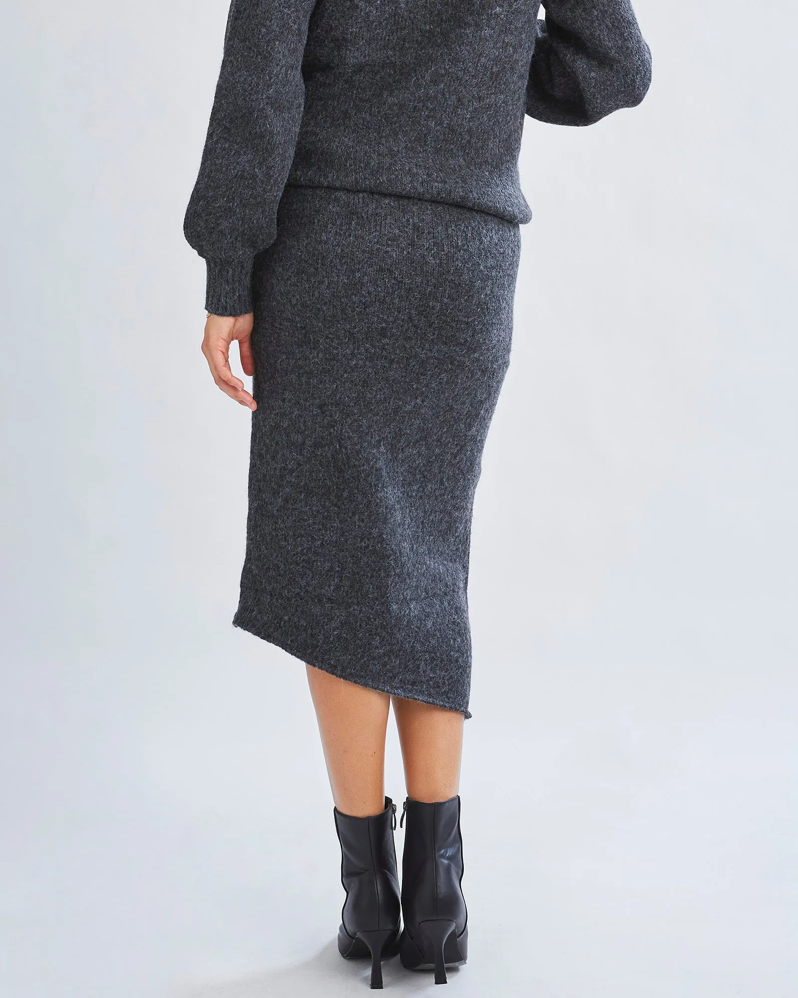 Amélie's Enchanting Allure Asymmetrical Knit Midi Skirt -Charcoal