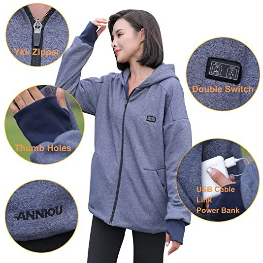 Anniou Unisex Blue and Grey Heated Zip Hoodie