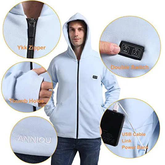 Anniou Unisex Blue and Grey Heated Zip Hoodie