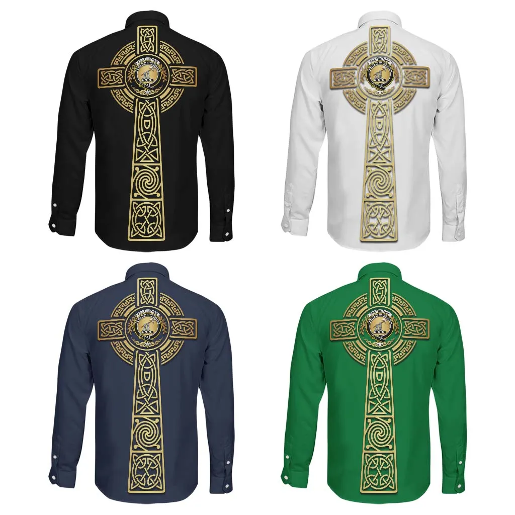 Anstruther Clan Mens Long Sleeve Button Up Shirt with Golden Celtic Tree Of Life