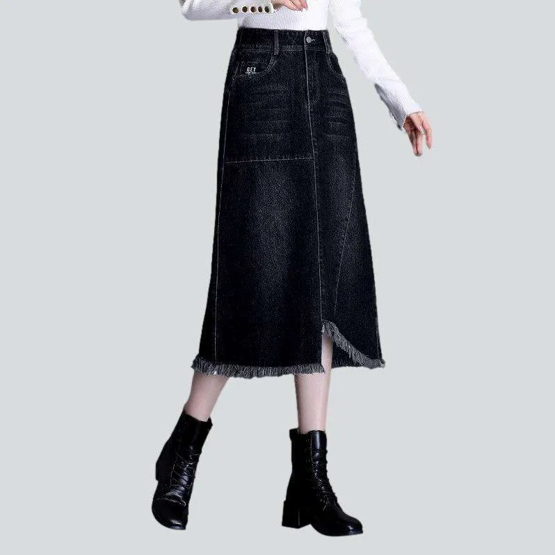 Asymmetric hem dark denim skirt