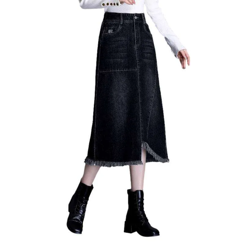 Asymmetric hem dark denim skirt