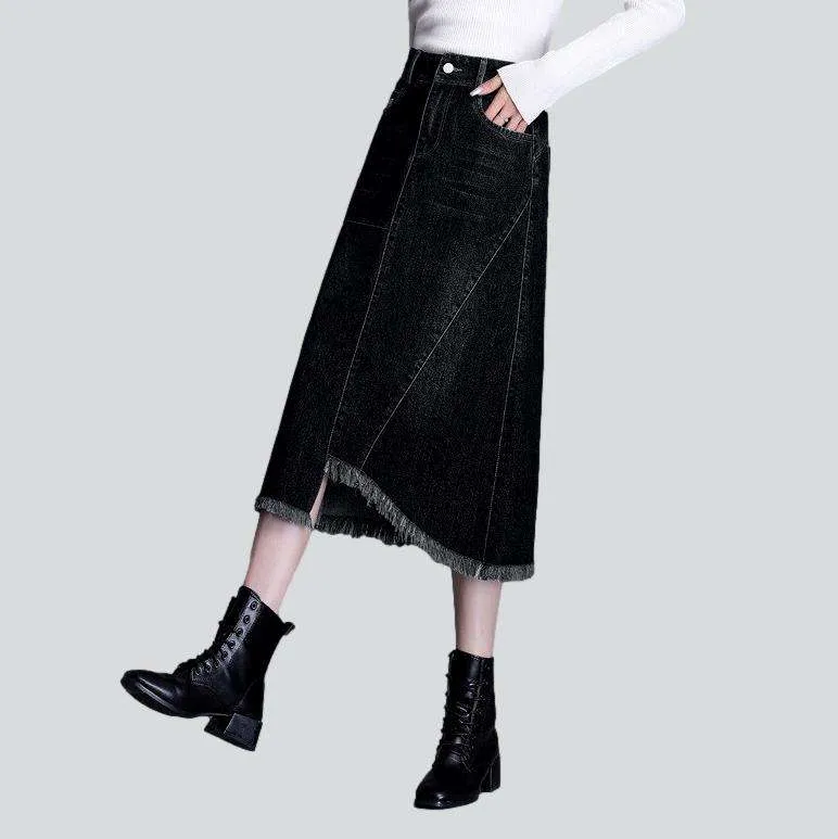 Asymmetric hem dark denim skirt