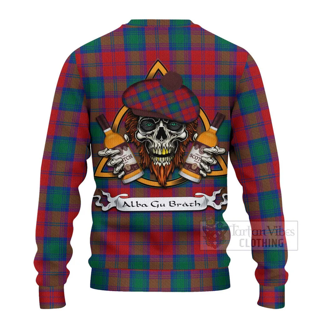 Auchinleck (Affleck) Tartan Ugly Sweater with Family Crest and Bearded Skull Holding Bottles of Whiskey