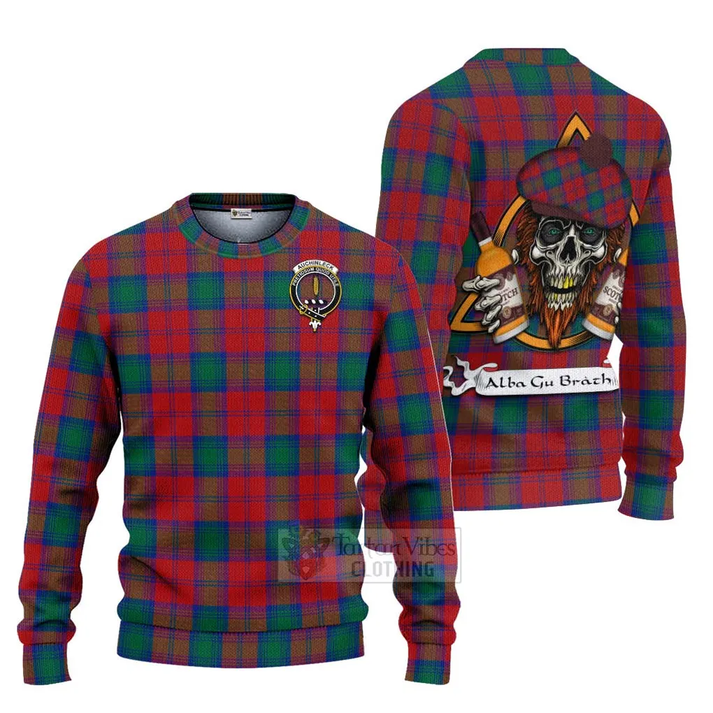 Auchinleck (Affleck) Tartan Ugly Sweater with Family Crest and Bearded Skull Holding Bottles of Whiskey