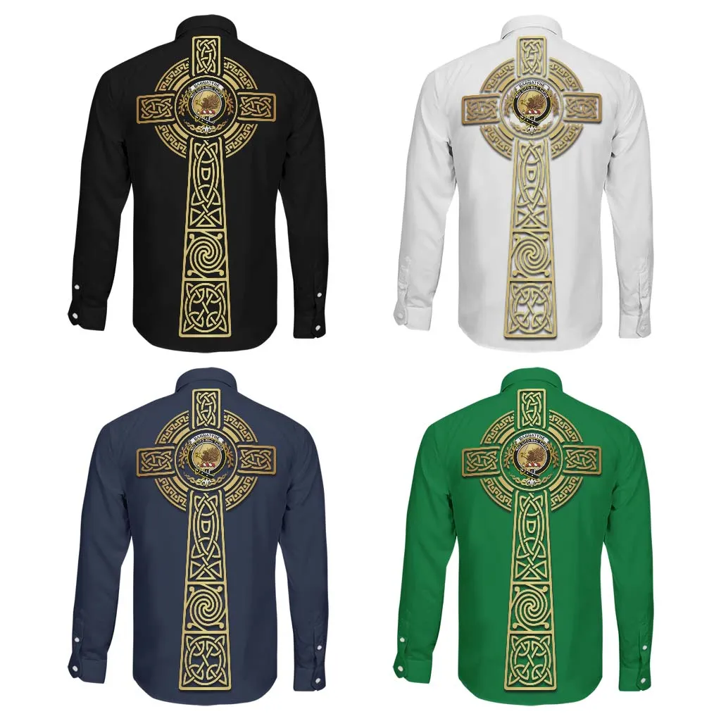 Bannatyne Clan Mens Long Sleeve Button Up Shirt with Golden Celtic Tree Of Life