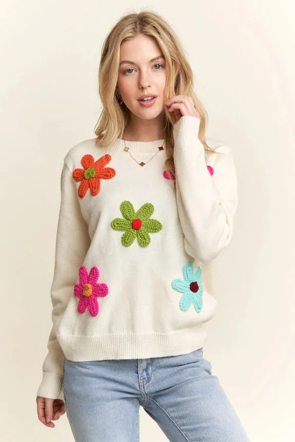 Beige Floral Patched Sweater Top