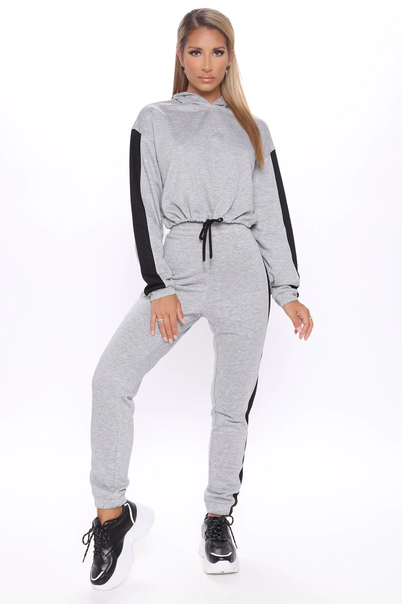 Better Start Now Crop Hoodie And Jogger Set - Grey/Black