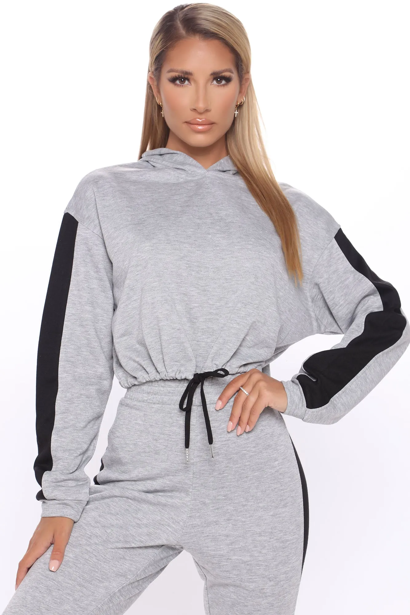 Better Start Now Crop Hoodie And Jogger Set - Grey/Black