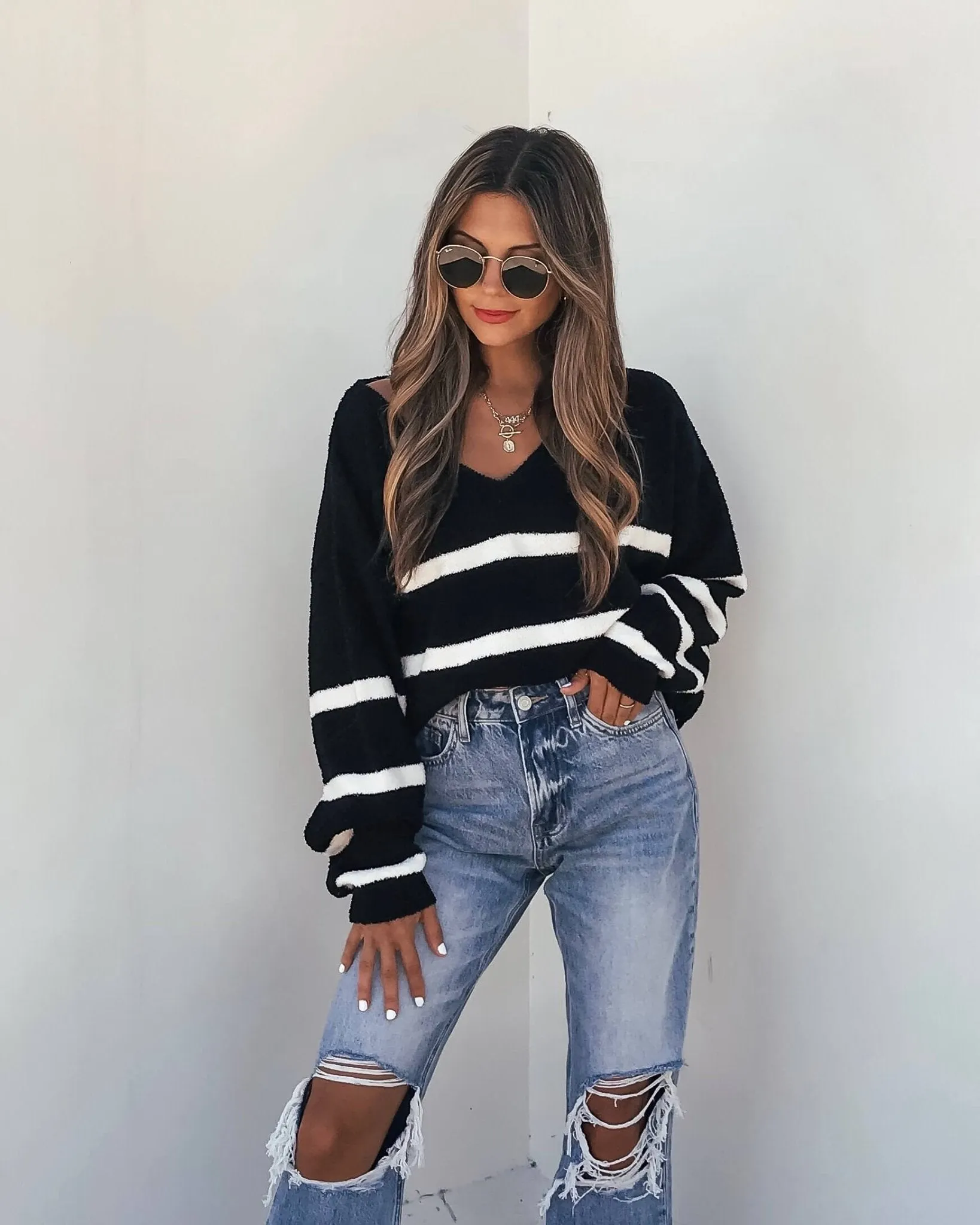 Black and White Striped V Neck Sweater