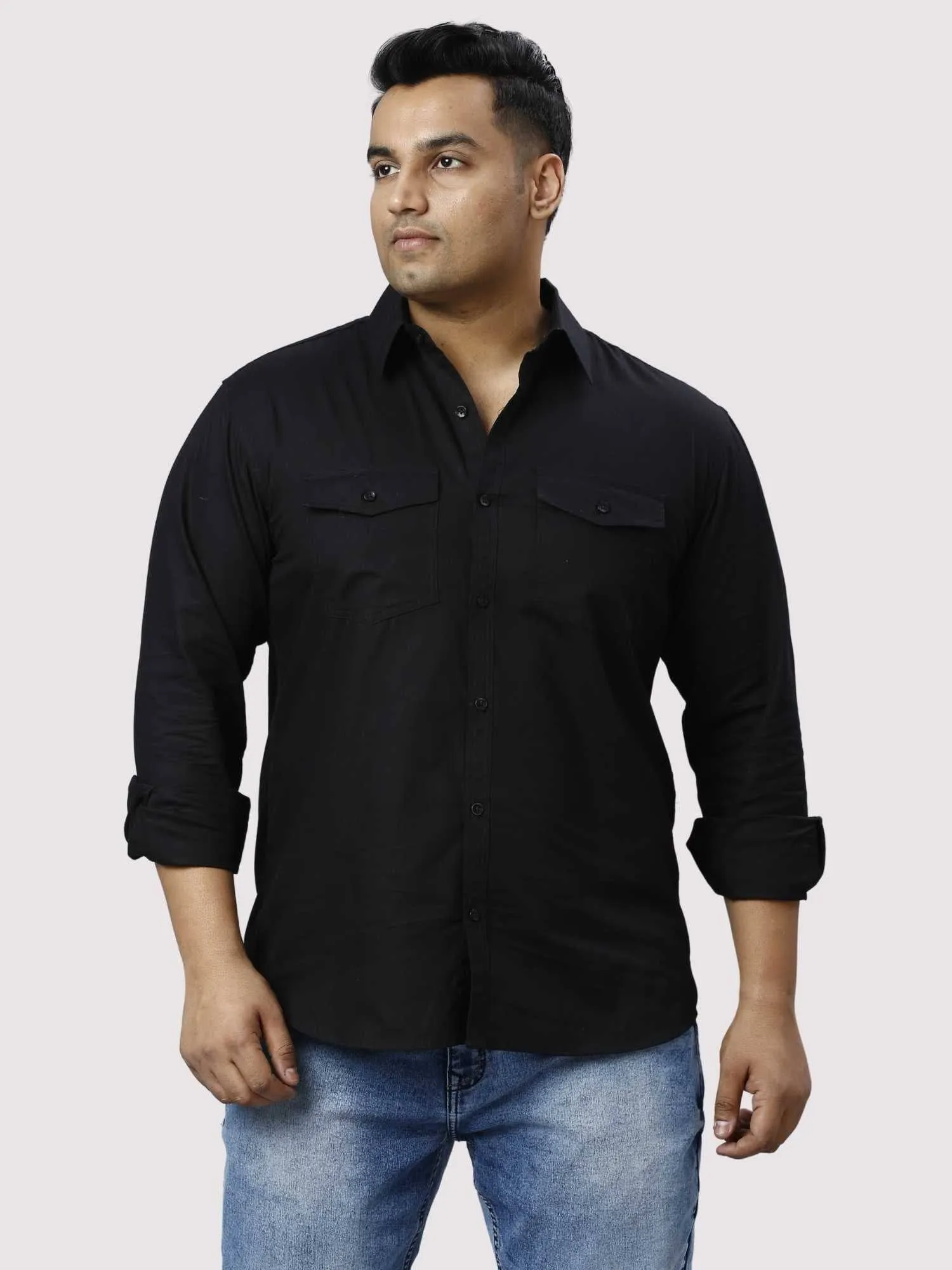 Black Cotton Double Pocket Full Sleeve Shirt Men's Plus Size