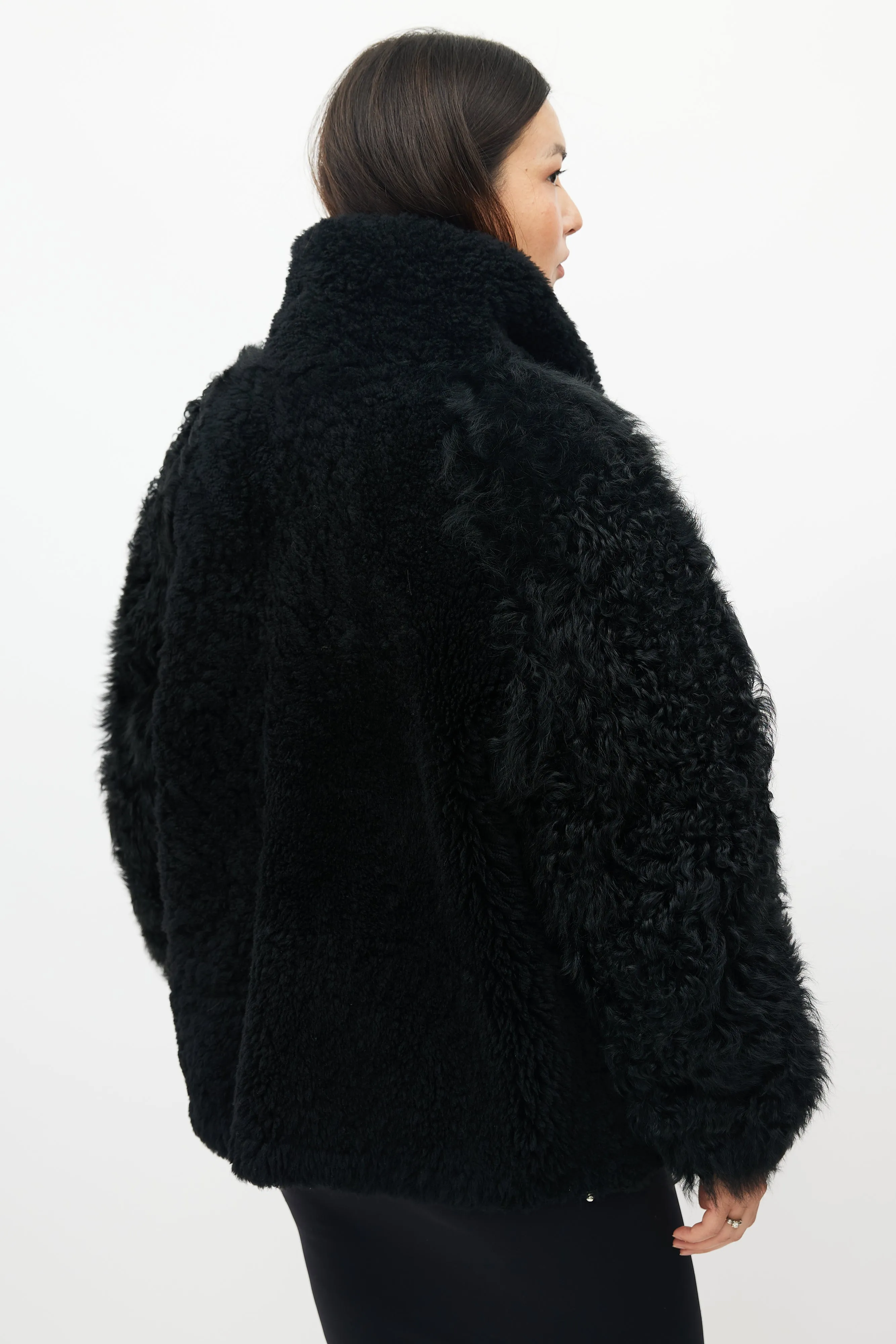 Black Faux Fur Belted Shearling Jacket