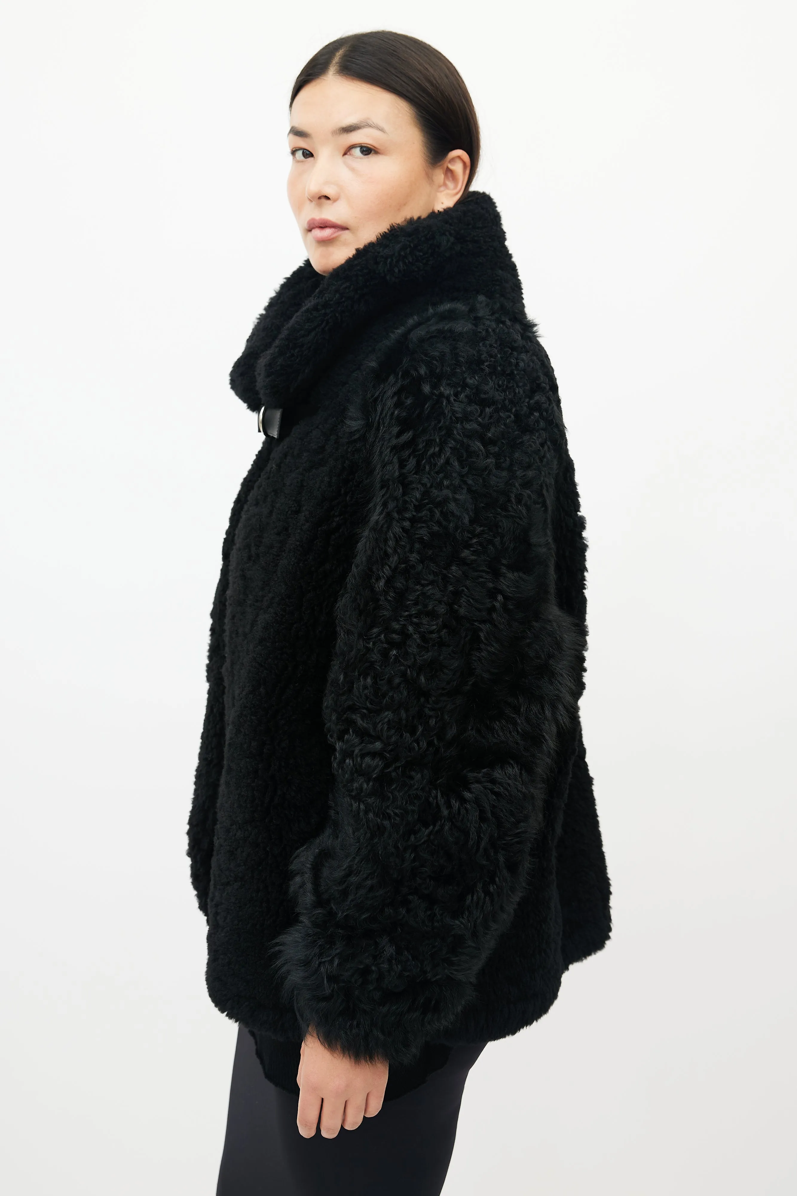 Black Faux Fur Belted Shearling Jacket