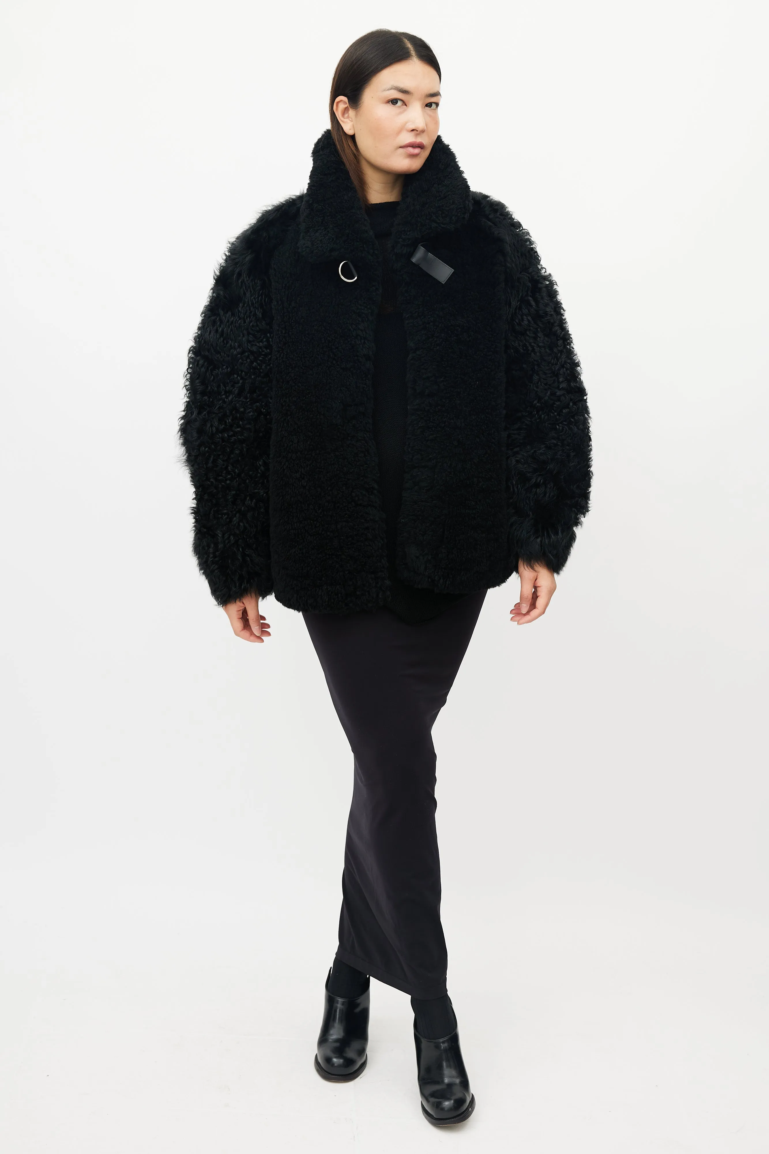 Black Faux Fur Belted Shearling Jacket