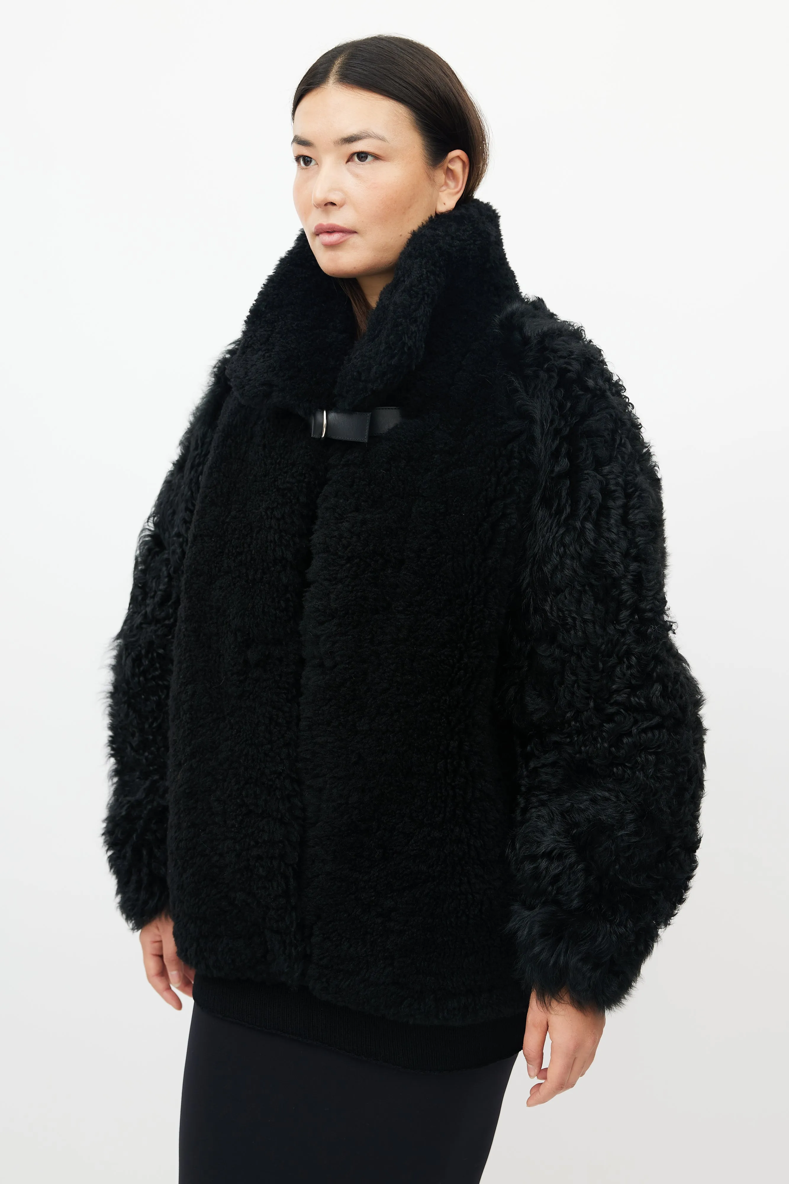 Black Faux Fur Belted Shearling Jacket