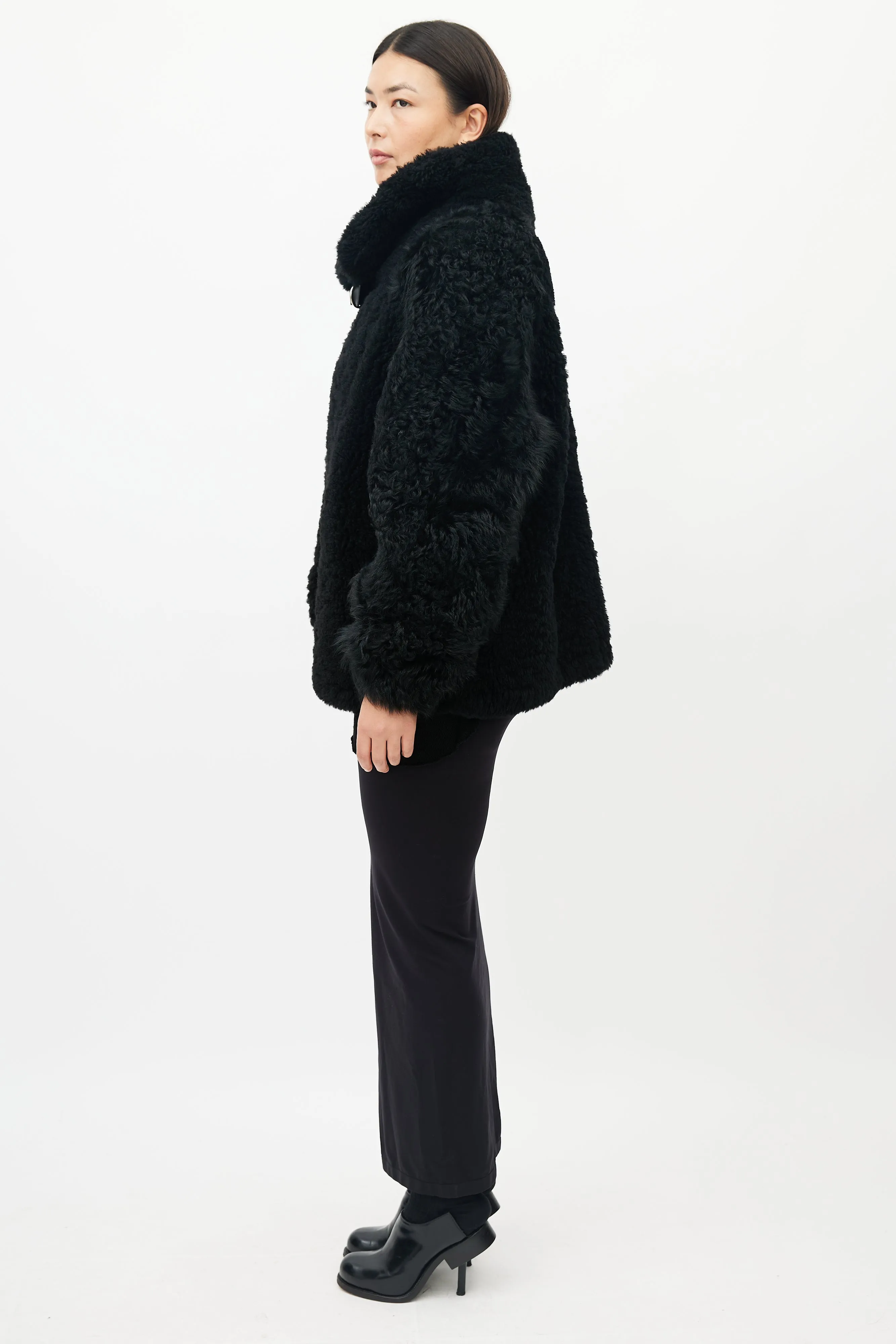 Black Faux Fur Belted Shearling Jacket