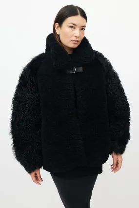 Black Faux Fur Belted Shearling Jacket