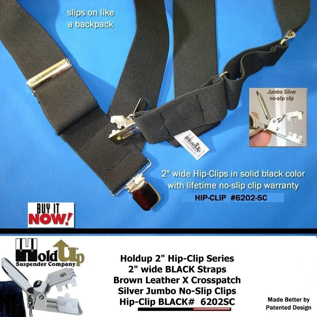 Black Heavy Duty Trucker Style 2" Wide Hip-Clip Suspenders with USA Patented silver tone no-slip jumbo clips