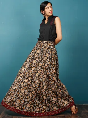 Black Mustard Ivory Hand Block Printed Skirt With Maroon Ajrakh Border  - S40F578