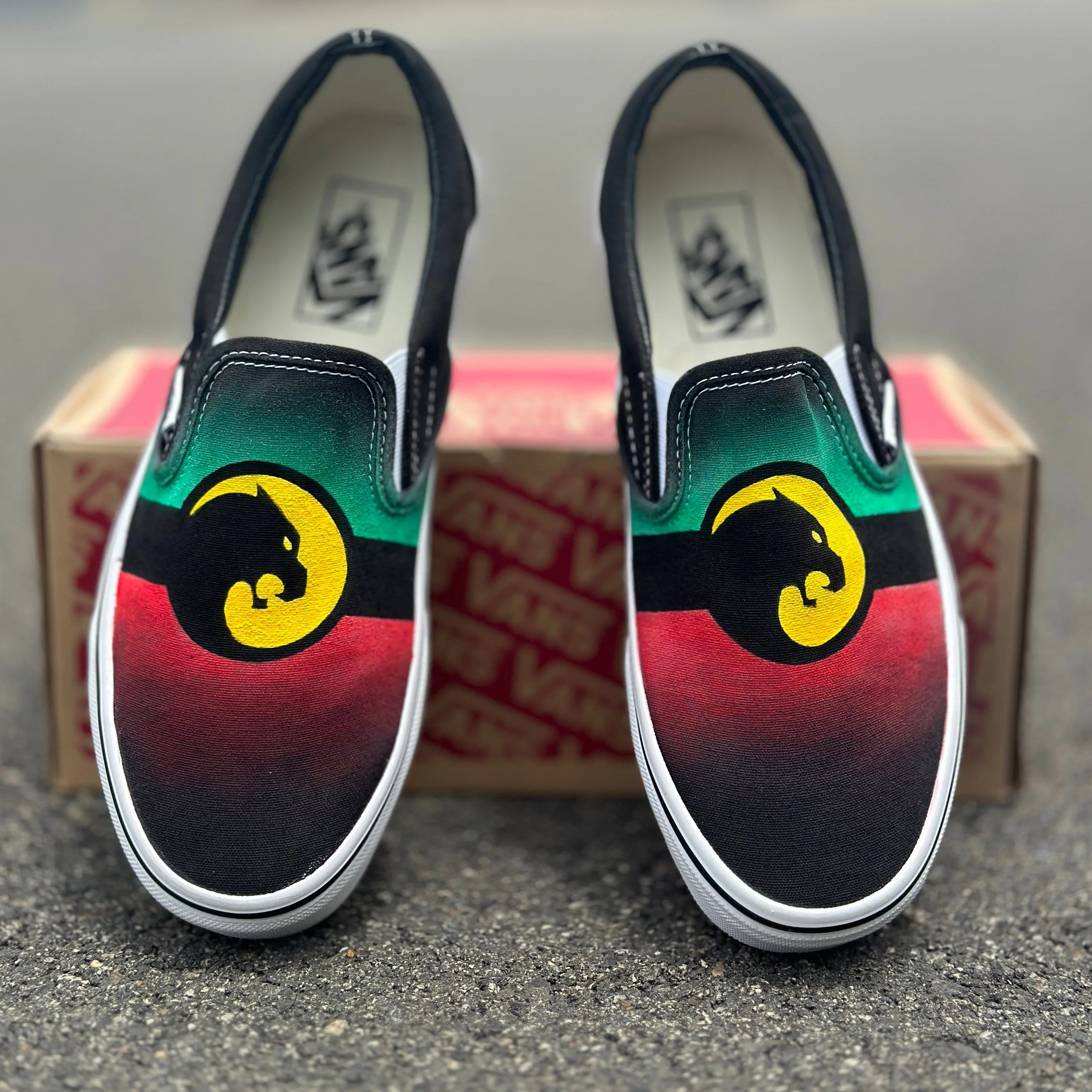 Black Panther Custom Vans Slip On Shoes - Black and White