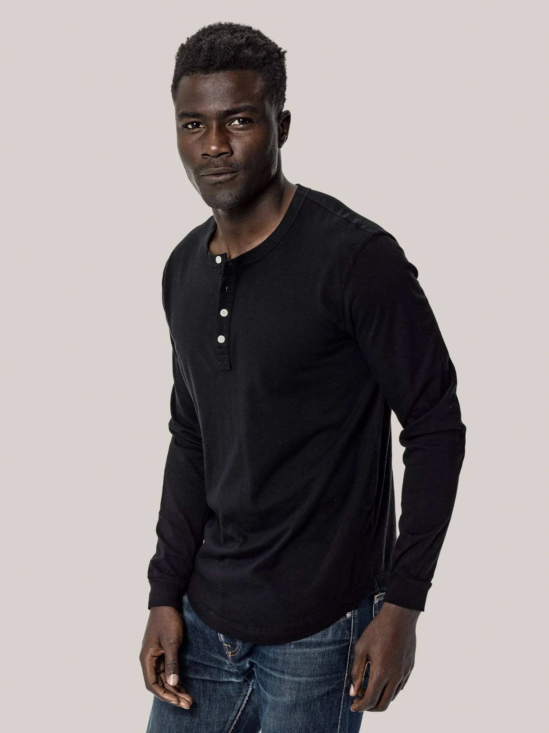 Black Pima Curved Hem Henley