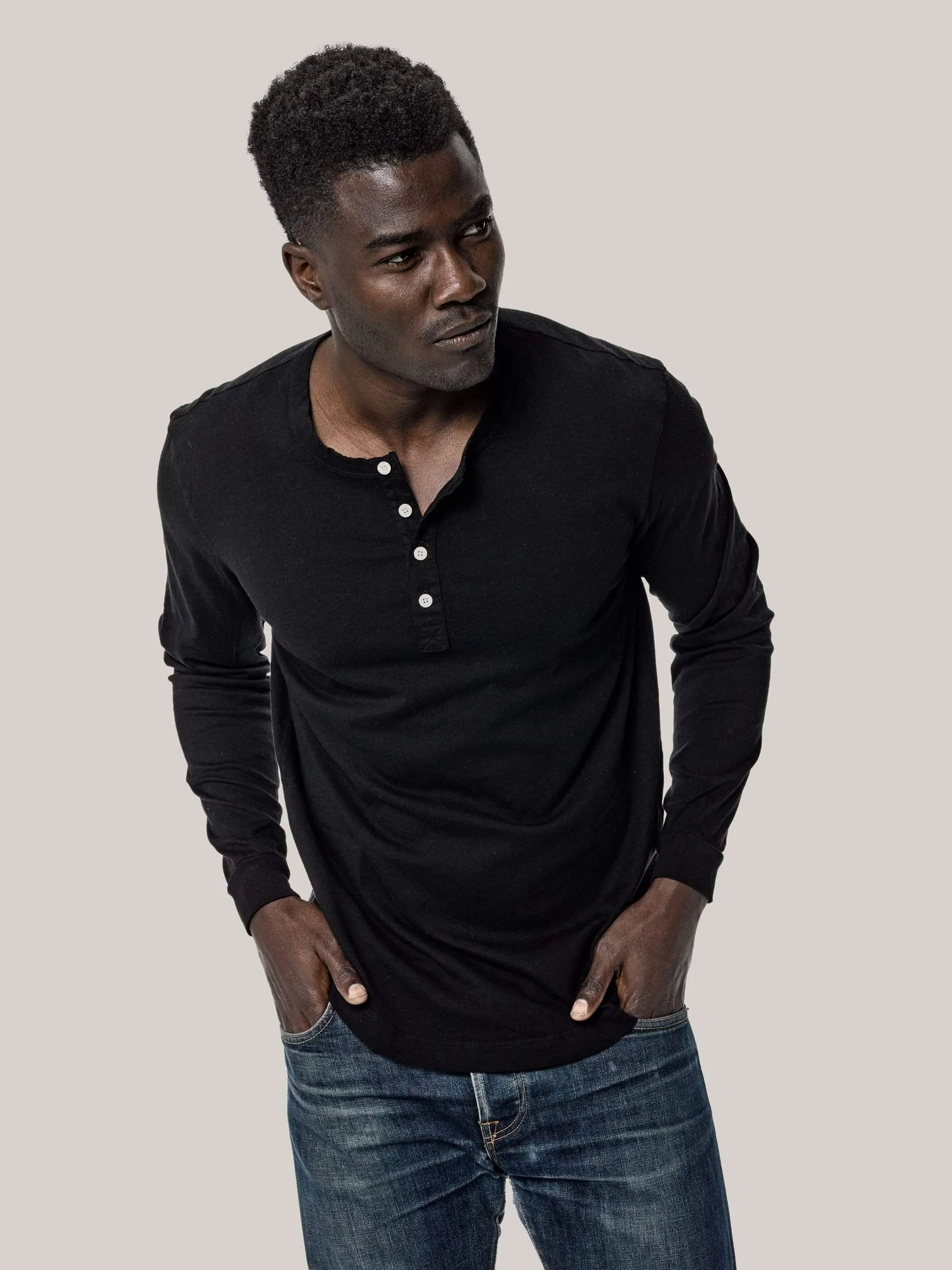 Black Pima Curved Hem Henley