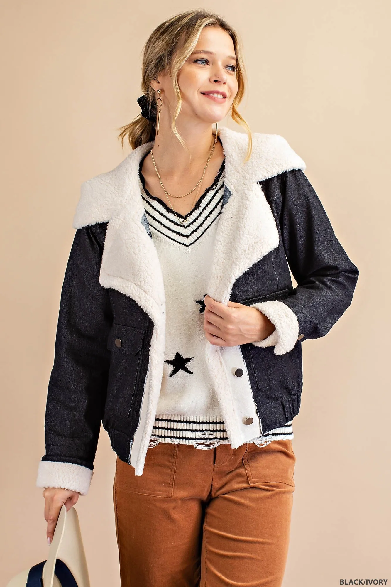 Black/Ivory Faux Suede Piecing And Faux Fur Trim Jacket