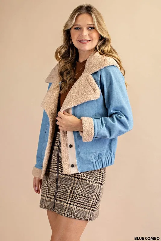 Blue Combo Faux Suede Piecing And Faux Fur Trim Jacket