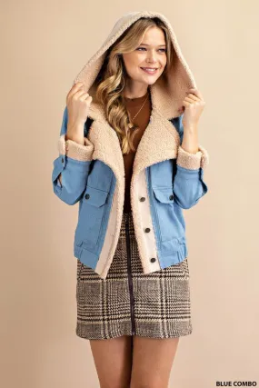 Blue Combo Faux Suede Piecing And Faux Fur Trim Jacket