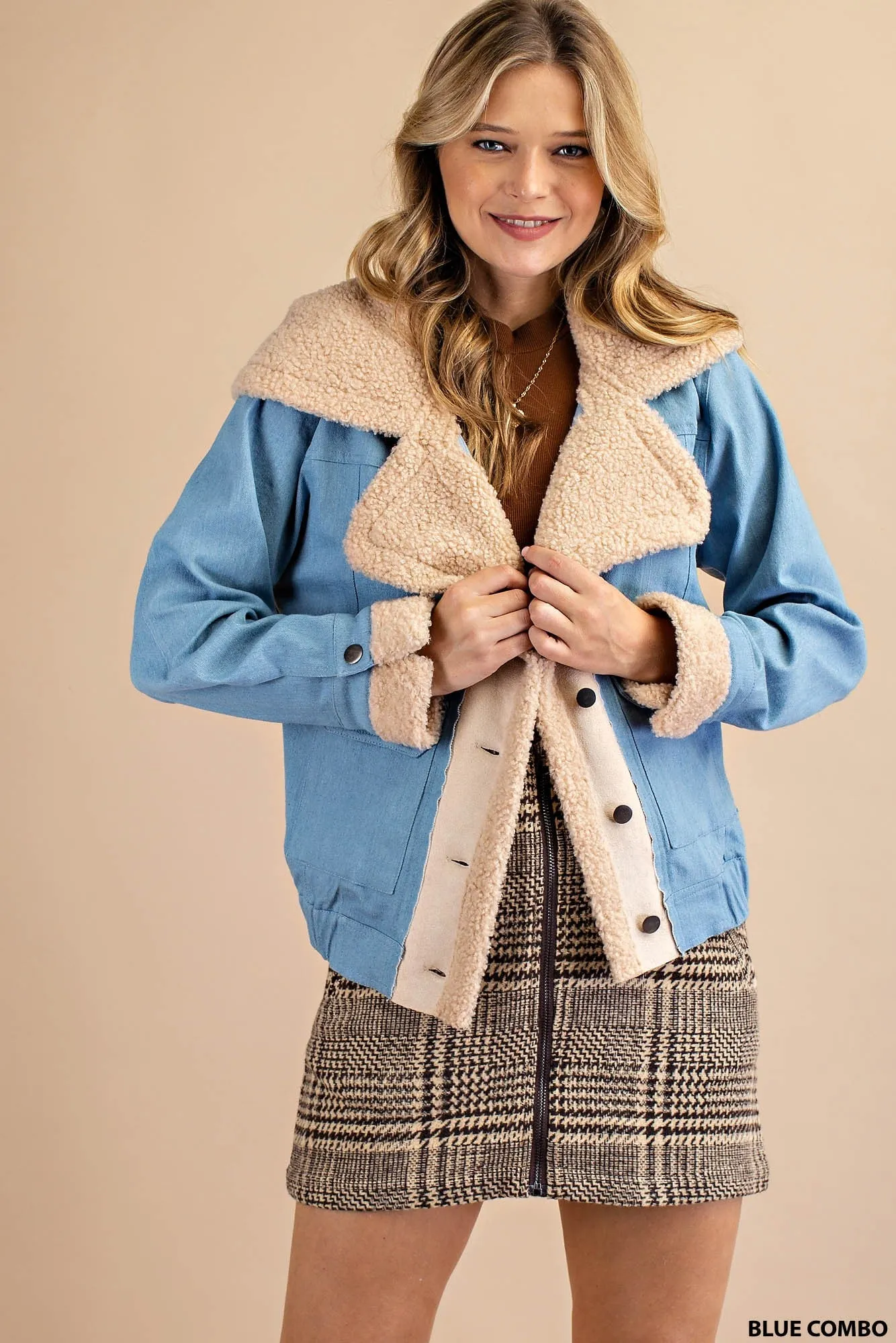 Blue Combo Faux Suede Piecing And Faux Fur Trim Jacket