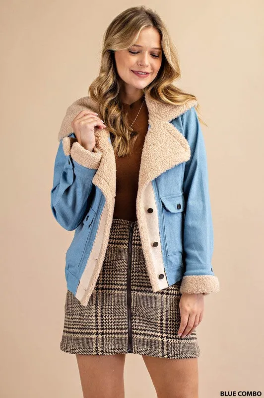 Blue Combo Faux Suede Piecing And Faux Fur Trim Jacket